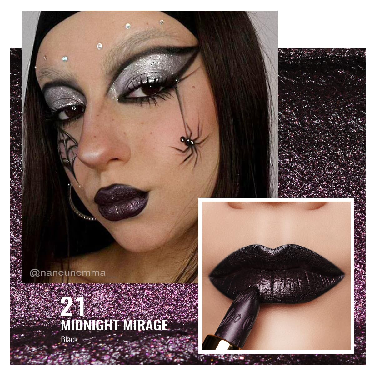 Oulac Metallic Black Lipstick for Women, High-Impact Lipcolor with Moisturizing Creamy Formula, Vegan & Cruelty-Free, Full-Coverage Matte Lipstick, Midnight Mirage (21)