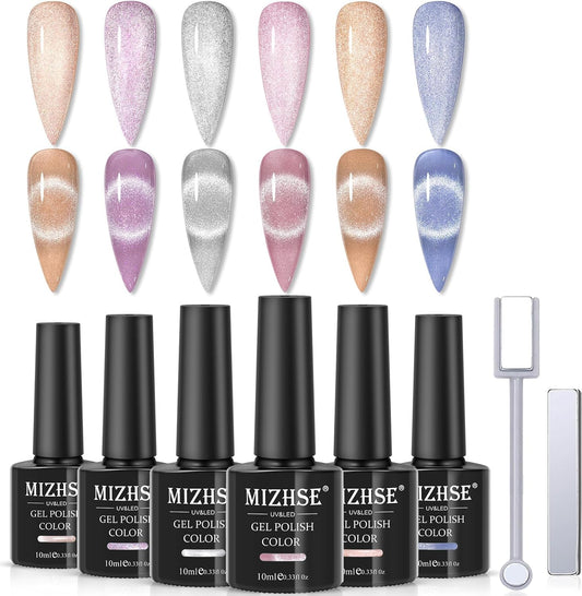 MIZHSE 10ml*6 Colors Cat Eye Gel Nail Polish, Crystal Magnetic Gel Polish Glitter Pink Gold Sparkle Gel Polish Set with Universal Sliver Cat Eye Gel, 2 Magnet Sticks, Summer Nail Art, Lady Gift Set | alldaygood beauty
