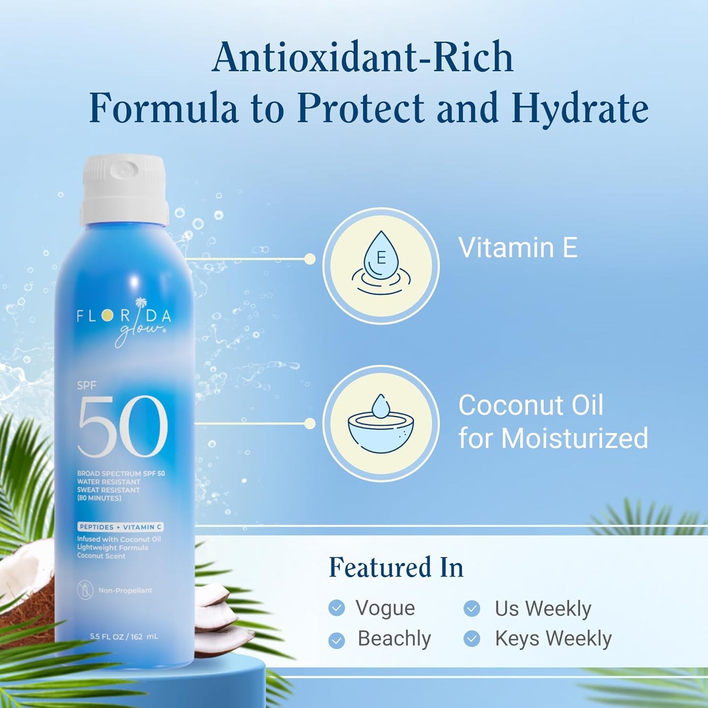 Florida Glow SPF 50 Sunscreen Spray - Hawaii 104 Reef Act & Florida Keys Compliant, Broad Spectrum, Water Resistant Sport Sun screen - Child Friendly PABA-Free & Oxybenzone Free (5.5 Fl Oz 1-Pack)