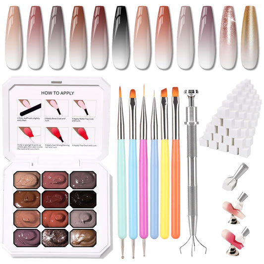 Sponge Pat Paint Nail Gel, Ombre Nails Gradient Gel Nail Blush Blooming Aura Nails Drawing Stripper Floral Painting DIY Nail Art, No Wipe, UV/LED Curing (12 Colors J) | alldaygood beauty