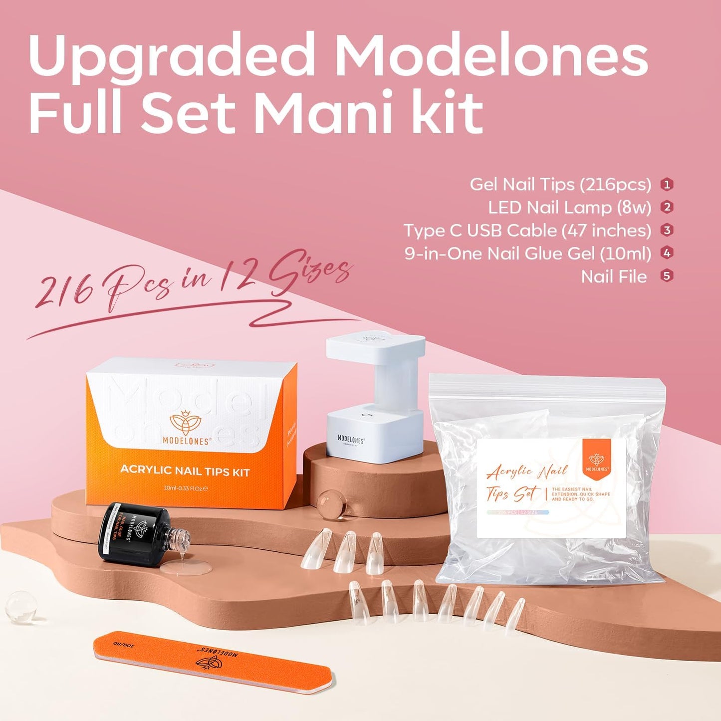 modelones Long Coffin Gel Nail Tips Kit, 9-in-One Nail Glue with Portable U V Lamp 216Pcs 12Sizes Pre-Etched Press ons Fake Acrylic Extension Kit DIY Salon Gift for Women