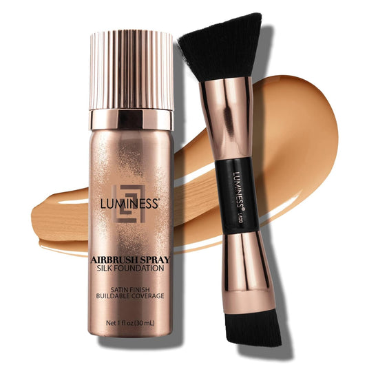 LUMINESS Silk Airbrush Spray Foundation 2-PC Kit - Foundation & Dual-Sided Angled Makeup Brush - Buildable Coverage, Anti-Aging Formula, Humidity Resistant, Hydrates & Moisturizes, Medium | alldaygood beauty