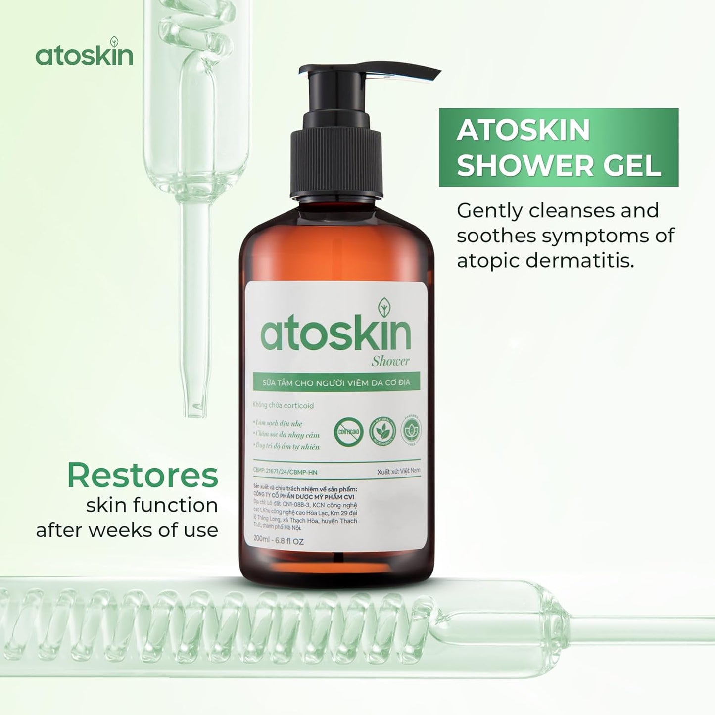Atoskin Shower Gel for Eczema, Psoriasis, Dermatitis, and Anti-Itch Relief with RicoBio JA7 - for Atopic Dermatitis Patents (6.8 oz)