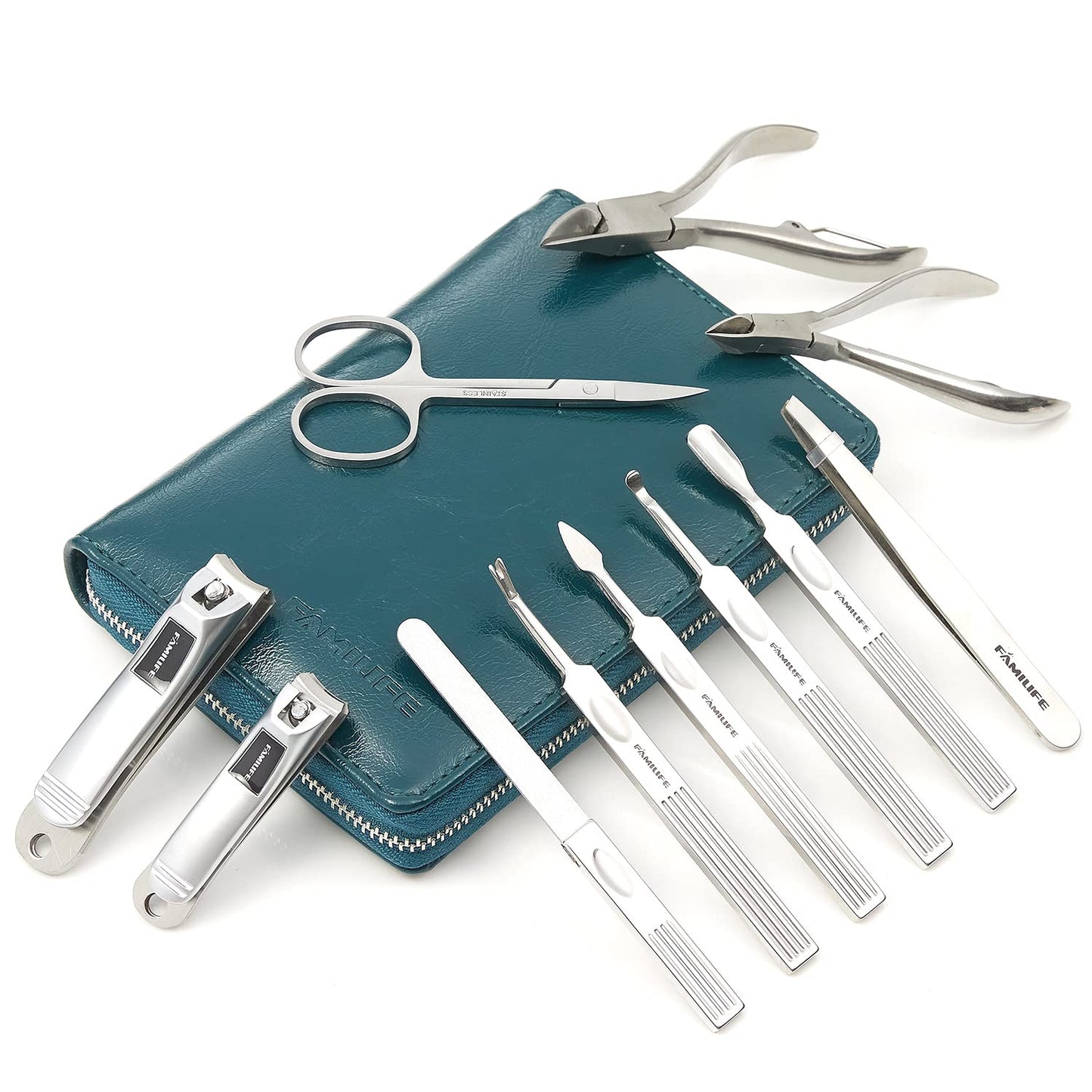 FAMILIFE Nail Kit, Professional Manicure Set Manicure Kit, 11 in 1 Stainless Steel Nail Clippers Set Pedicure Tools, Men Grooming Tool with Portable Blue Leather Travel Case Luxury Gifts for Him