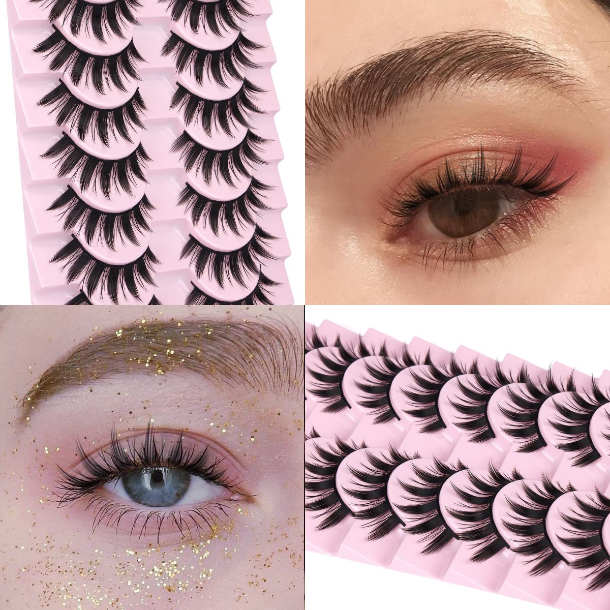 False Eyelashes 10 Pairs Manga Lashes Japanese Style Anime Thick Cosplay Lashes Natural Look 16MM Spiky 8D Wispy Faux Mink Lashes Full Strip Doll Lashes by FANXITON