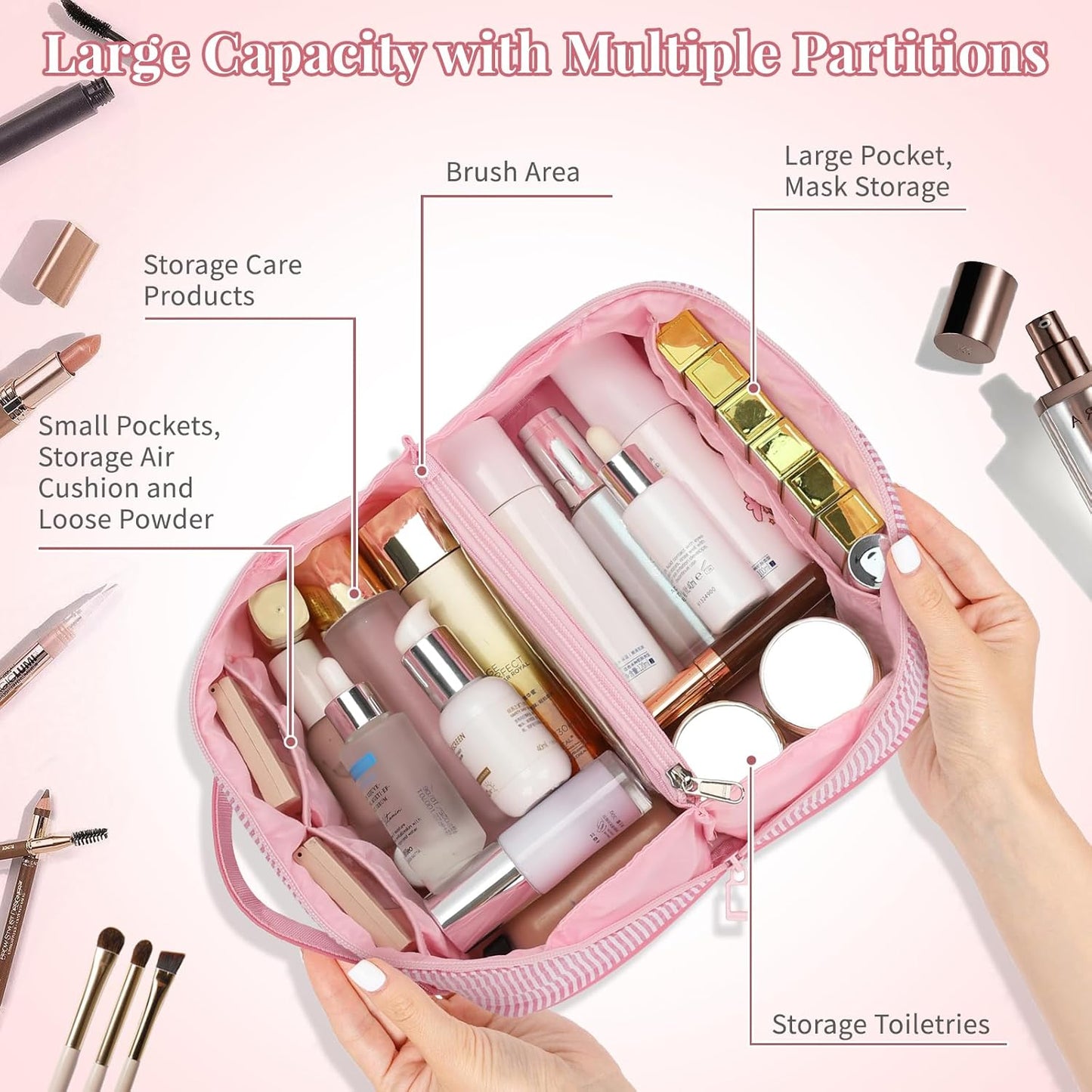 Travel Makeup Bag for Women, 2Pcs Portable Personalized Initial Makeup Organizer Bag, Open Flat Large Cosmetic Bag With Travel Essential Pouch (Pink Letter J)