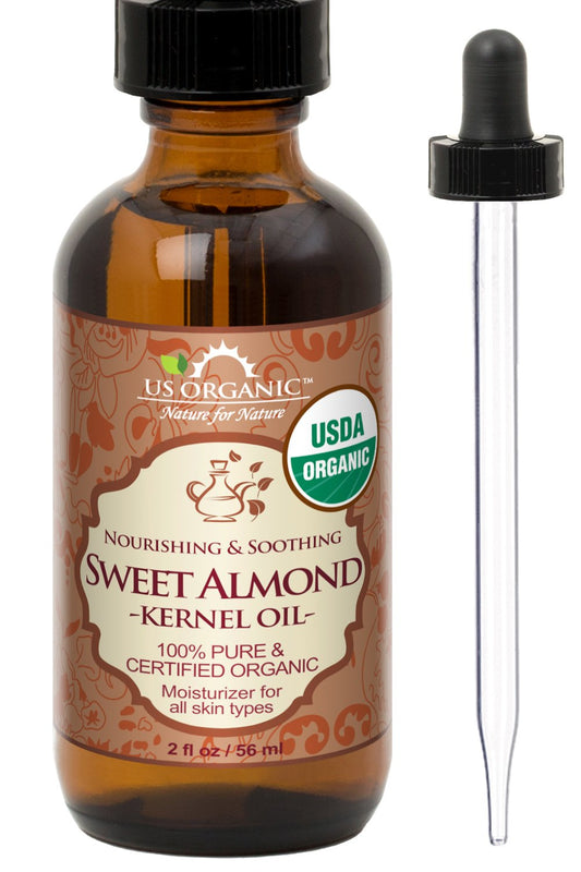 US Organic Sweet Almond Kernel Oil, USDA Certified Organic,100% Pure & Natural, Cold Pressed Virgin, Unrefined in Amber Glass Bottle w/Eyedropper, Sourced from Poland (2 oz (56 ml)) | alldaygood beauty