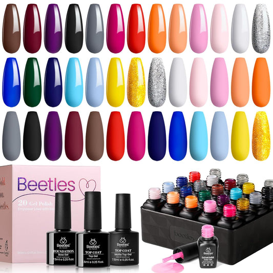 Beetles Fall Gel Nail Polish Set - 20 Pcs Neon Nail Gel Polish Set Soak Off Uv LED Gold Sliver Glitter Nail Polish Kit Blue Pink Black White Uv for Nail Art Salon Gift for Women | alldaygood beauty