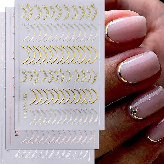 3 Pieces French Tip Line Nail Art Stickers 3D Simple Lines Nail Stickers Rose Gold Metal Stripes Letter Adhesive Decals Curved Gel Nail Art Polish Sliders Manicure Foils Decor Accessories Craft | alldaygood beauty