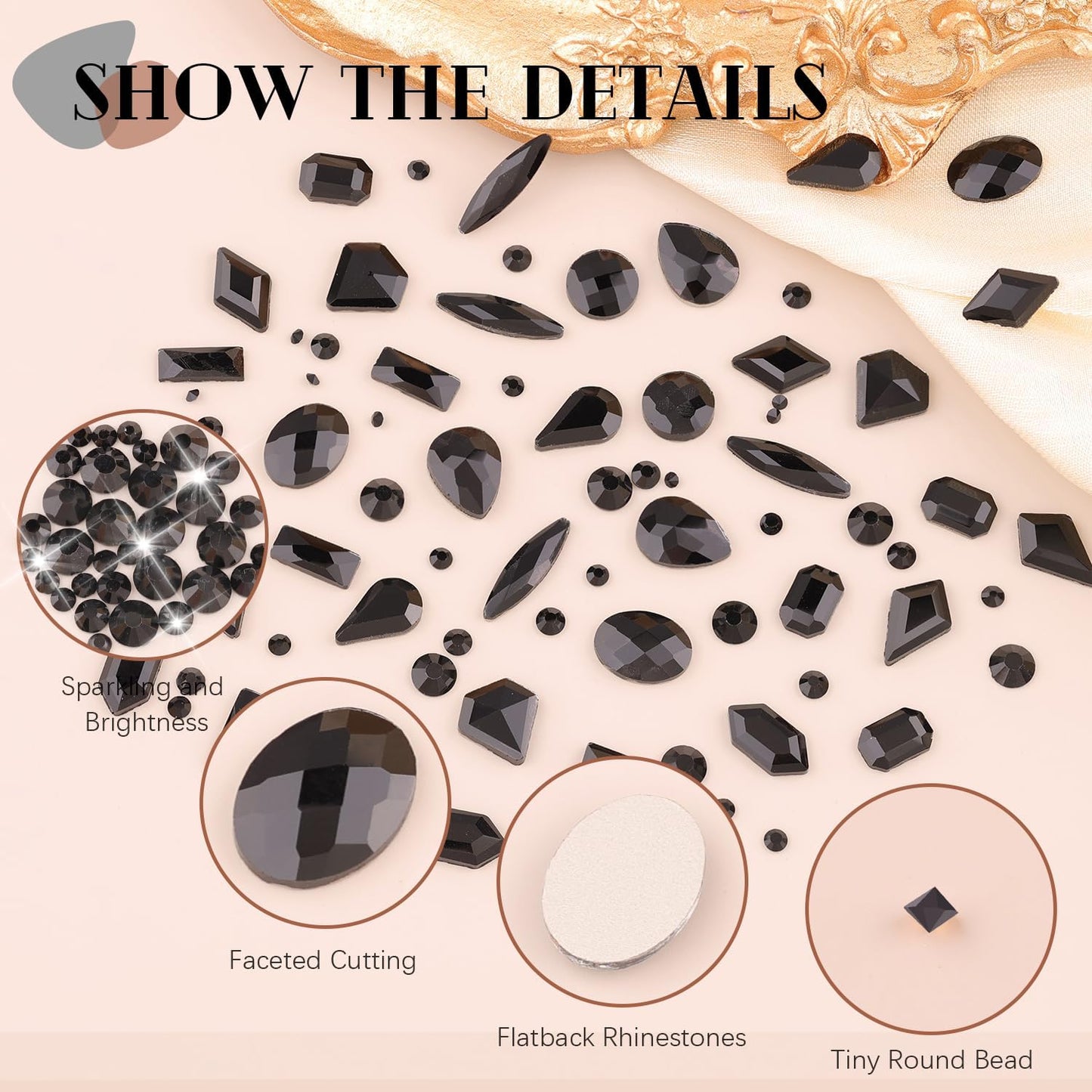 2060Pcs Black Glass Nail Rhinestones 60Pcs Multi Shapes Flatback Nail Gems + 2000Pcs 1.5-4mm Round Crystal, Manicure Nail Charms Diamond Gemstones for Acrylic Nails Decoration