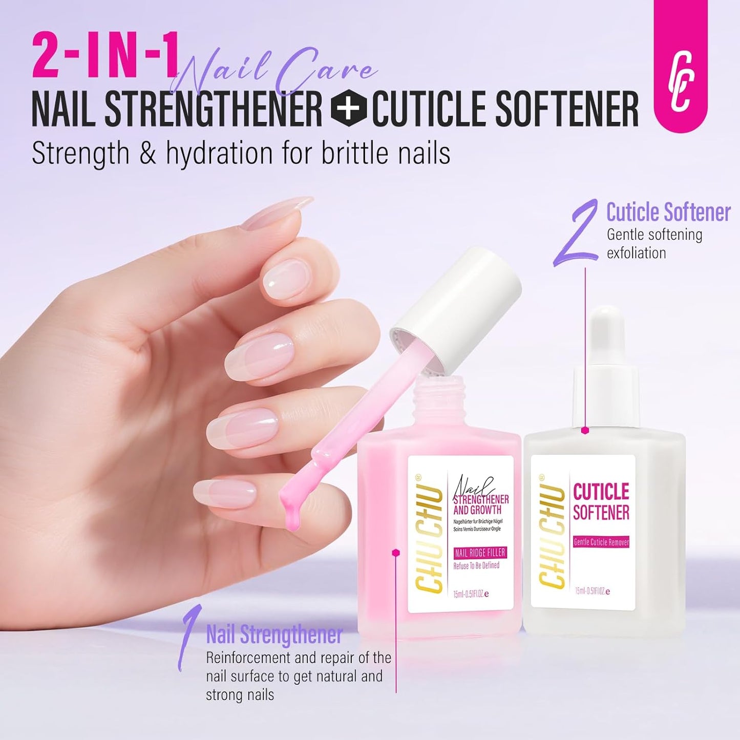 CHUCHU Nail Strengthener and Repair Kit: Pink Hardener and Growth & Cuticle Softener Set - Protein Ridge Filler Polish Quick Dry for Weak Peeling Brittle Splitting Nails - for Women Home Salon