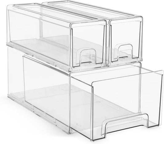 Sorbus 1 Large & 2 Small Clear Stackable Storage Drawers – Plastic Organizer Bins with Handles – Stackable Pull-Out Storage Drawers for Closet, Pantry, Office, Bathroom, Craft, and Toy Organization
