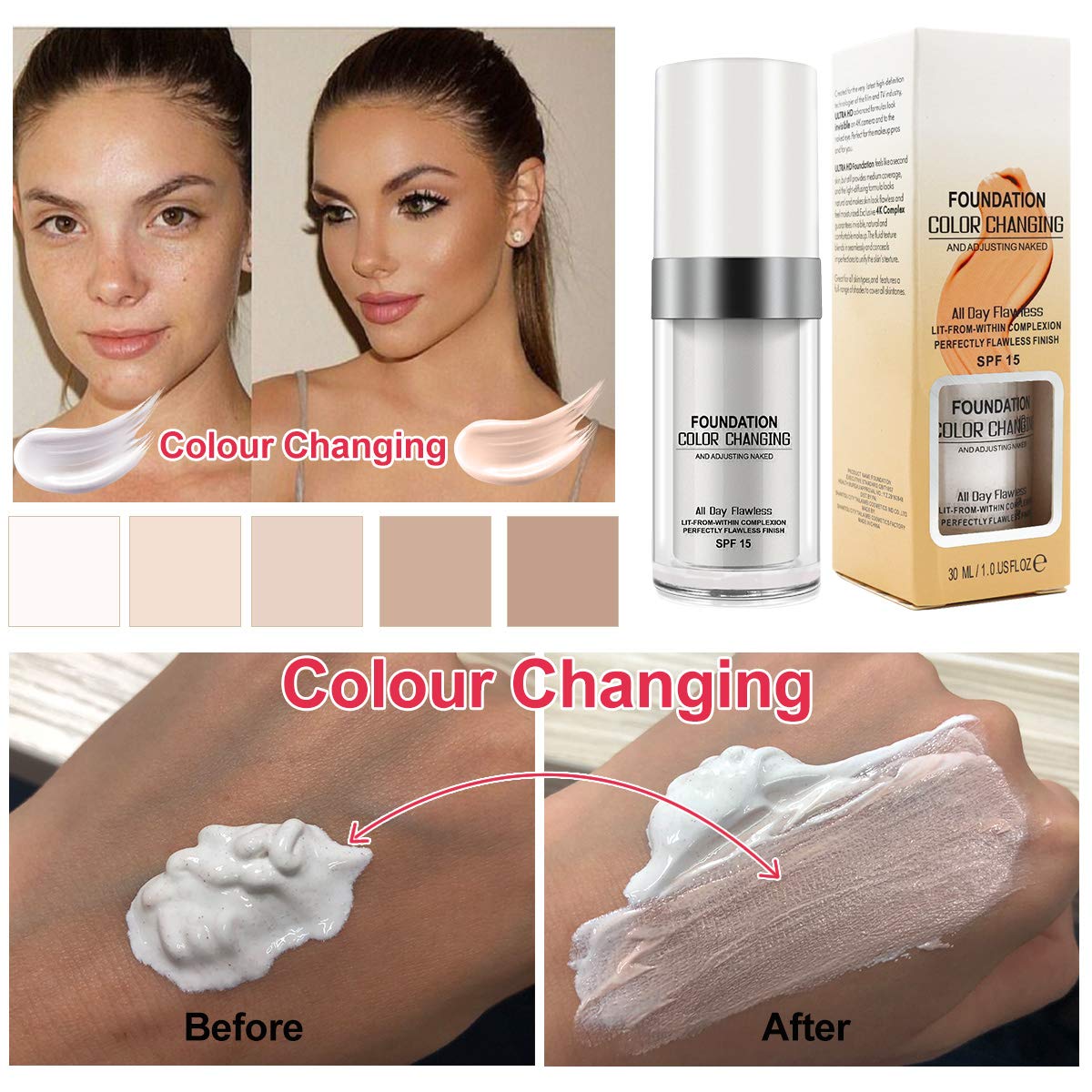 30ML Flawless Colour Changing Warm Skin Tone Foundation,Naturally Blends Moisturizing foundation makeup,Long Lasting Waterproof Poreless Liquid Foundation SPF 15 for Face Makeup