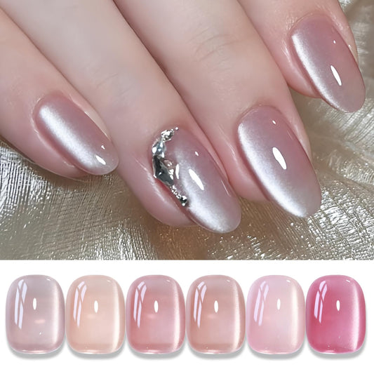 Double Rhythm Cat Eye Gel Polish Set 6 Colors Shimmer Glitter with Magnet Holographic Reflective Magnetic UV Gel Polish Art Kit (Glass Jelly Nude Pink 6-Kit 35) | alldaygood beauty