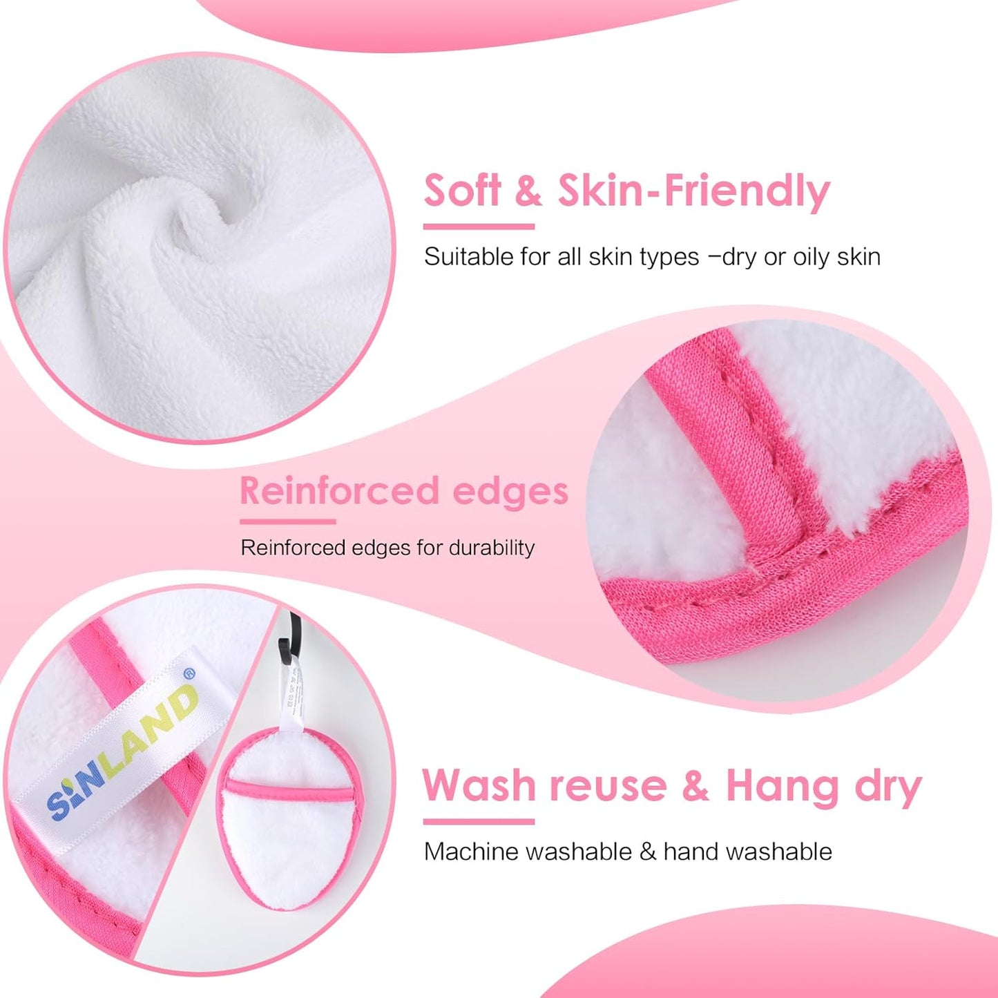 SINLAND Reusable Makeup Remover Pads For Face,Eye,Lips Microfiber Gentle Facial Cleansing Cloths for All Skin Types Friendly for Makeup Remover With Laundry Bag 5.1inchx3.93inch White Pack of 6