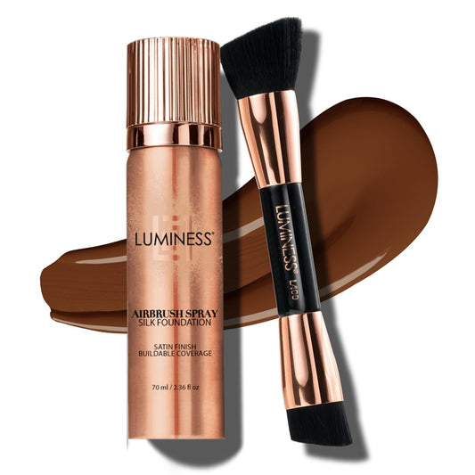 LUMINESS Silk Airbrush Spray Foundation & Buffing Brush Kit – Full Coverage Foundation & Dual-Sided Buffing Brush - Buildable Coverage, Anti-Aging Formula Hydrates & Moisturizes (Shade - Deep Dark) | alldaygood beauty