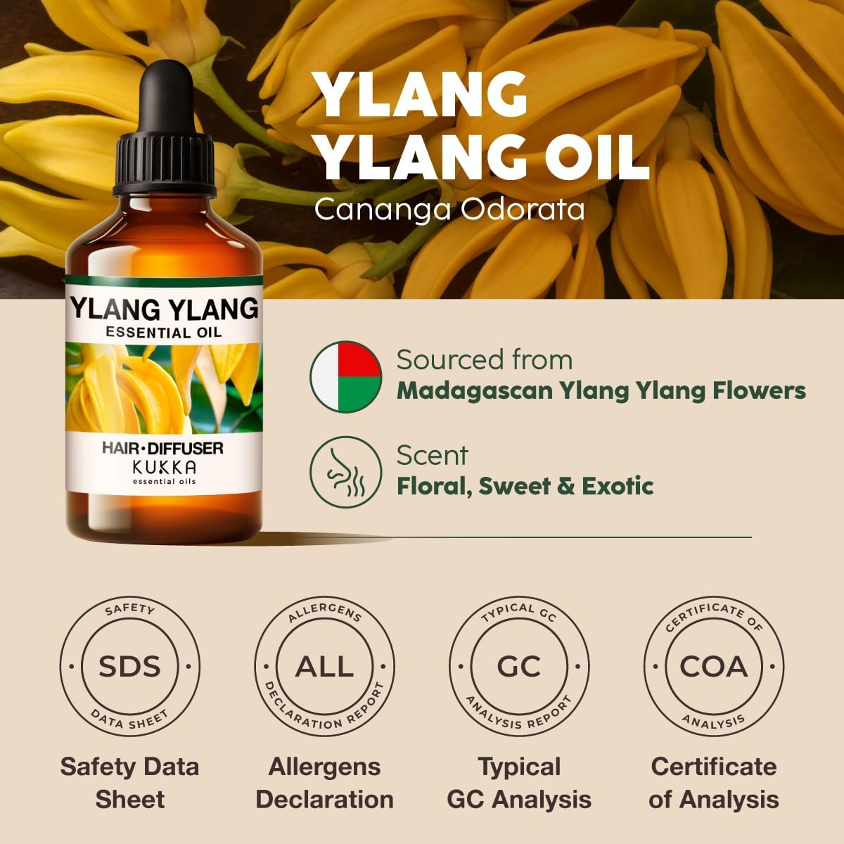 Kukka Ylang-Ylang Essential Oil for Diffuser & Skin - 4 Fl Oz - Ylang Ylang Oil - Boasting a Long Lasting & Exotic Floral Scent fit for Hair, Aromatherapy, DIY Soap Making Scents