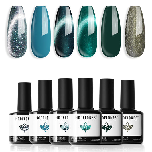 modelones Gel Nail Polish Set, 6 Colors Fall Winter Blue Green Cat Eye Collection 9D Gel Polish Sparkle Reflective Glitter Nail Polish with Magnet Soak Off LED Nail Art Kit DIY | alldaygood beauty