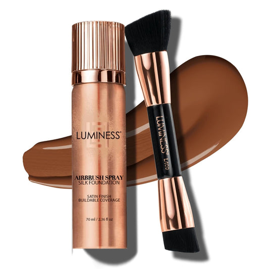 LUMINESS Silk Airbrush Spray Foundation & Buffing Brush Kit – Full Coverage Foundation & Dual-Sided Buffing Brush - Buildable Coverage, Anti-Aging Formula Hydrates & Moisturizes (Shade - Deep) | alldaygood beauty