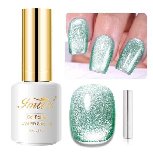 Imtiti Light Green Color Gel Nail Polish, 0.5 fl oz Holographic 9D Cat Eyes Glitter Magnetic Gel Polish with Magnetic Stick for Nail Salon | alldaygood beauty