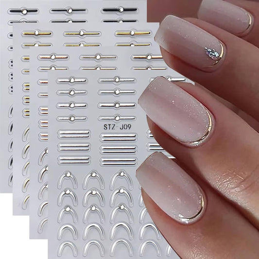 4 Sheets French Stripe Line Nail Stickers with Gold Silver Shiny Crystal Rhinestones,Metallic Stripe Lines Adhesive Design Nail Supplies French Sticker for Women Girls Luxury Manicure Decorations | alldaygood beauty