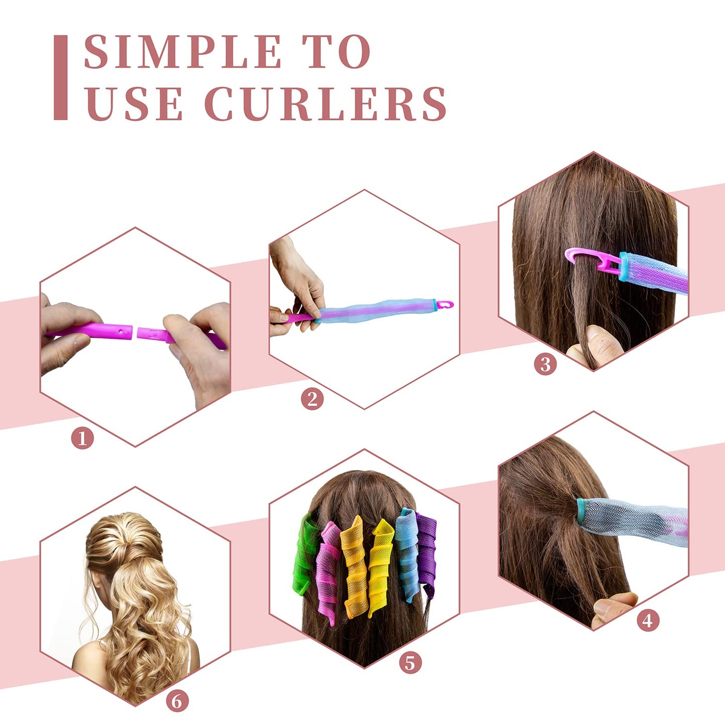 30pcs Heatless Hair Curlers Rollers Spiral Curls Styling Kit with 2 Styling Hooks, No Heat Curlers for Women Girl's Medium and Long Hair17.8”(45 cm)…