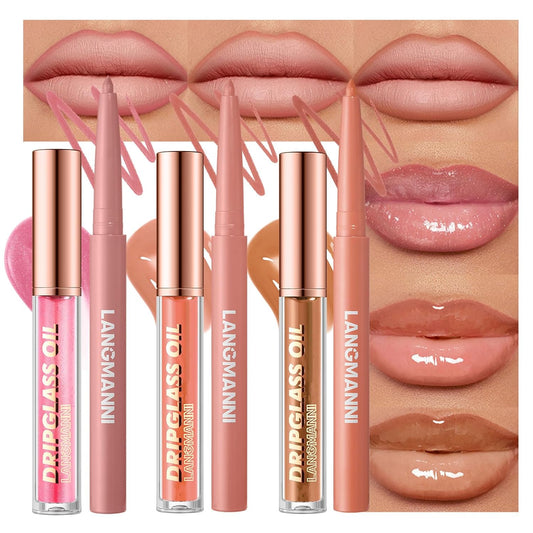 6pcs Hydrating Lip Oils + Lip Liner Pencil Lip Combo Sets, 24H Long-Lasting Lip Kit with Lip Liner and Gloss, Nourishing, Non-Sticky Tinted Stain Lip Gloss Plumping Lip Oil Set for Women(Set A)