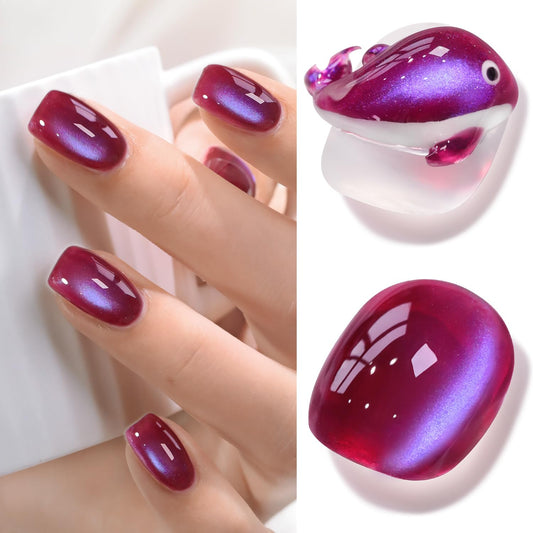 Double Rhythm Jelly Glass Cat Eye Gel Polish with Magnet 15ML Holographic Glitter Shimmer Translucent Sheer Color Magnetic Nail Polish Salon DIY at Home (Burgundy Purple-MC1265) | alldaygood beauty