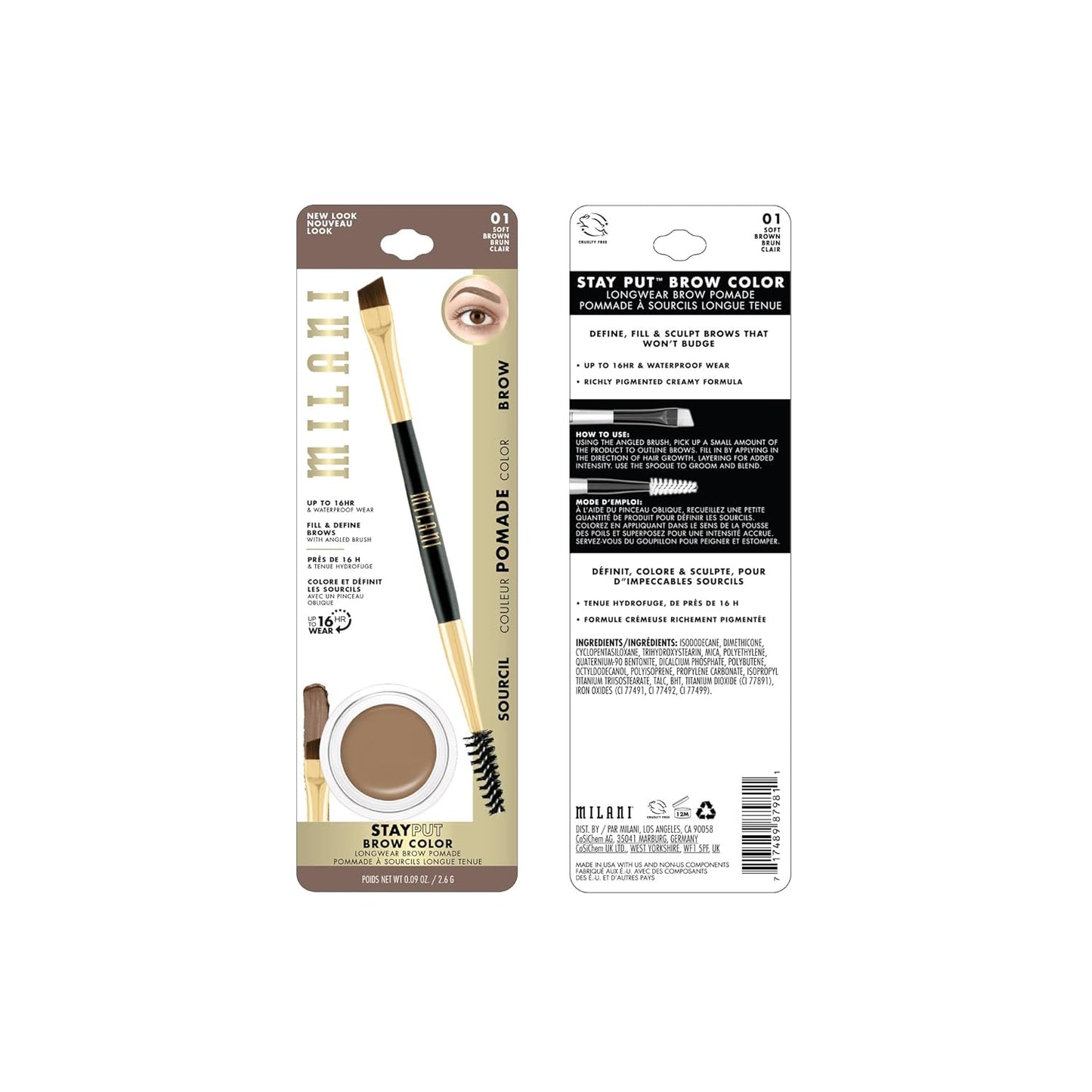 Milani Stay Put Brow Color - Soft Brown (0.09 Ounce) Vegan, Cruelty-Free Eyebrow Color that Fills and Shapes Brows…
