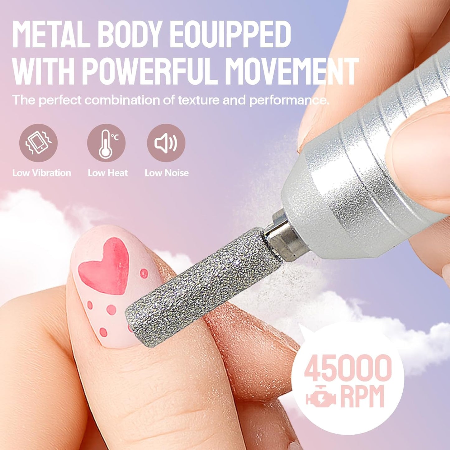 Electric Nail Drill Portable Nail Drill Professional 45000 RPM 6 Salon Quality Drill bits 6 Sanding Bands Portable & Low Noise for Acrylic Nails Gel Polishing Removing Bits Kit for Home Use