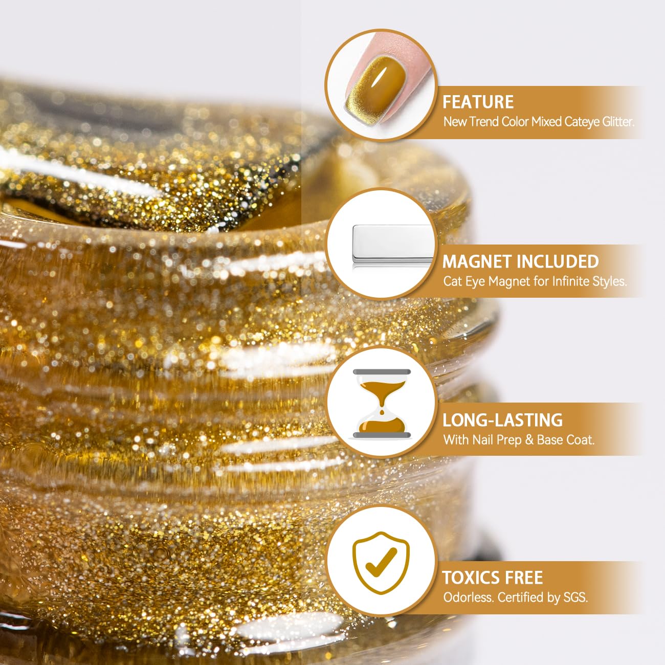 RARJSM Cat Eye Gel Nail Polish with Magnet Stick Diamond Brown Gold Velvet Cateye Glitter Gel Polish 15ml Single Bottle Sparkle Shimmer UV LED Curing Requires Soak Off Home Salon Christmas Manicure