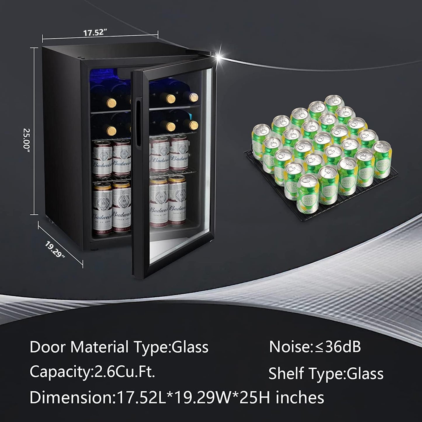 Antarctic Star 2.6cu.ft Wine Cooler/Cabinet Beverage Refrigerator, Small Mini Wine Cellar Fridge, Beer Soda Clear Front Glass Door, Quiet Operation, Adjust Temperature, Freestanding, Black