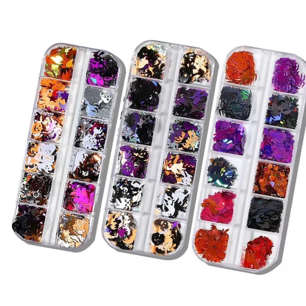 3 Boxes Halloween Nail Art Sequins 3D Holographic Pumpkin Face Spider Ghost Skull Halloween Nail Glitter Sequins Nail Art Supplies Decorations for Women 36 Styles
