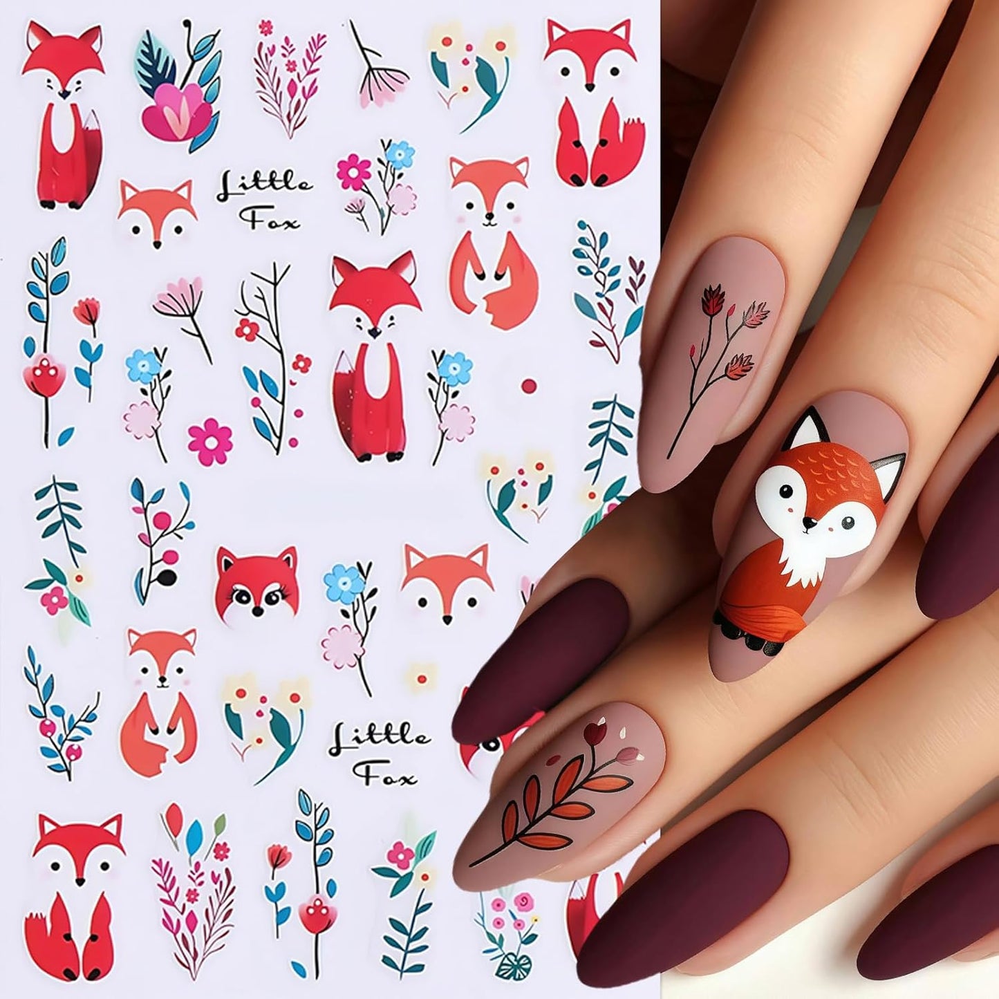 6Sheets Fall Leaf Nail Stickers Thanksgiving Day Fox Nail Stickers for Nail Art Cute Fox Flower Nail Decals 3D Self-Adhesive Cute Autumn Foxes Nails Supplies Nails Decoration for Women DIY Manicure