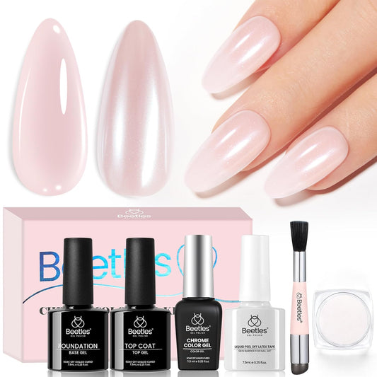 Beetles Pearl Chrome Nail Powder Gel Nail Polish Set, Glazed Donut Mirror Effect with Silicone Nail Brush, Liquid Peel Off Latex Tape Top Coat&Base Coat | alldaygood beauty
