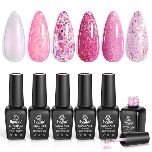 Beetles Pink Gel Nail Polish Set - 6 Colors Shimmer Nail Polish Nail Kit Hot Pink Pearl White Glitter Color Gel Pink Reverie Collection Soak Off Uv LED Nail Lamp Gift for Women & Girls | alldaygood beauty