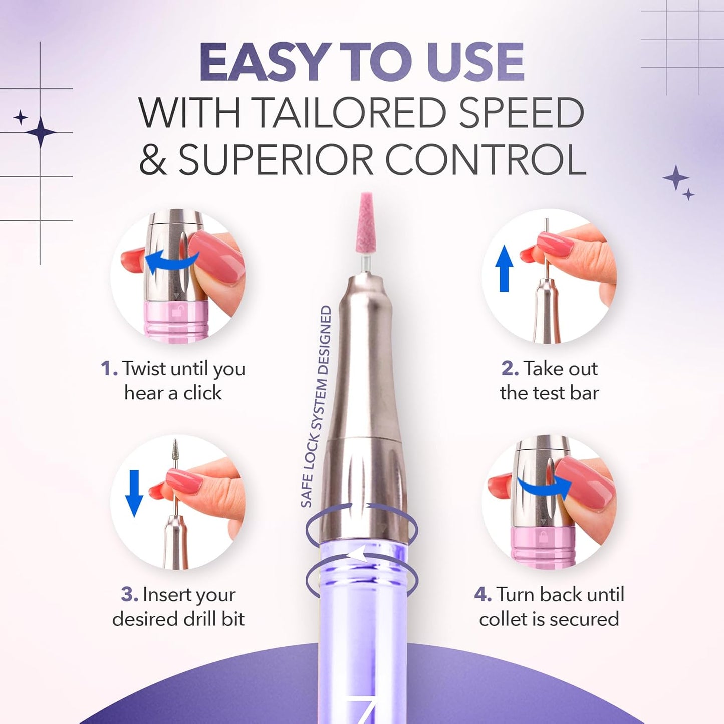 M Mase- Professional Nail Drill Machine - Coreless 2-in-1 Nail File - Electric, Cordless, 35000 RPM, HD Display - Electric Nail Drill for Professional & Home Use (Violet)