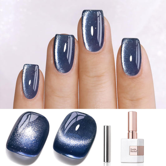 Double Rhythm 0.5 OZ Cat Eye Gel Polish with Magnet 15ML Holographic Glitter Shimmer Translucent Jelly Color Magnetic Polish Salon DIY at Home (Dark Blue-MC1044) | alldaygood beauty