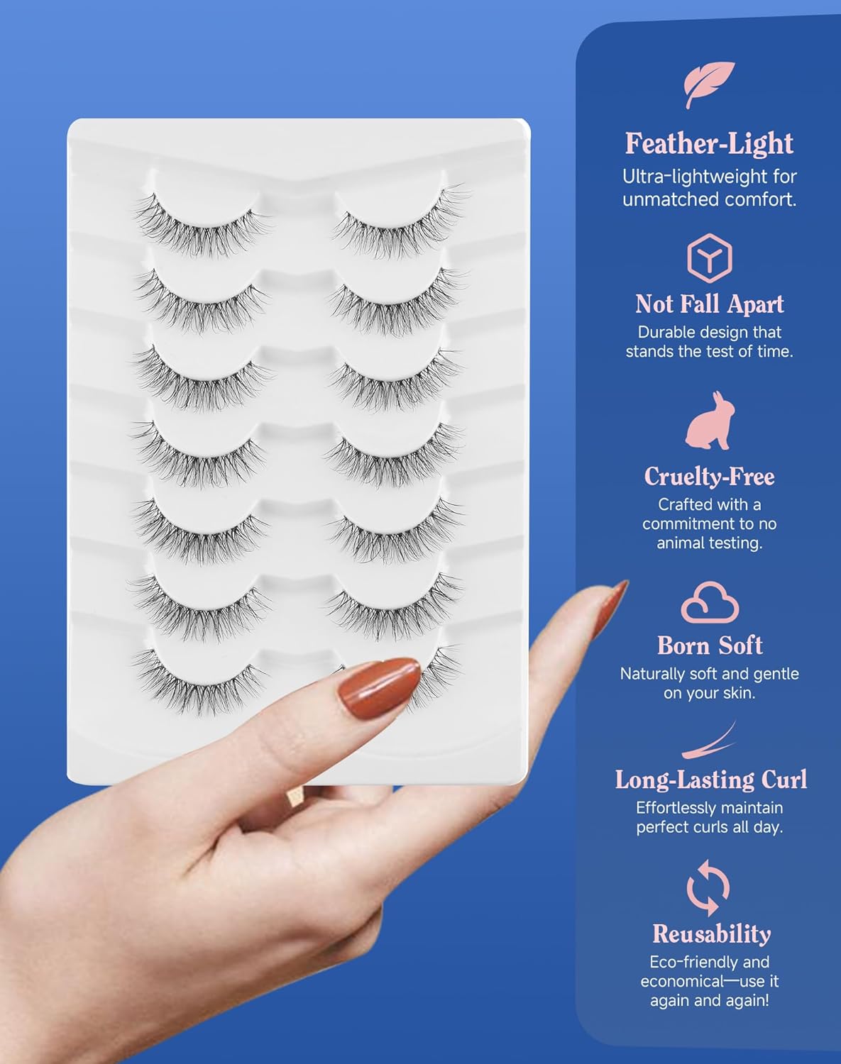 Eyelashes Natural Look Wispy Lashes Flared Strip False Eyelash Short Lash Soft False Eyelashes Fluffy Pack 7 Pairs Everyday 12MM D86