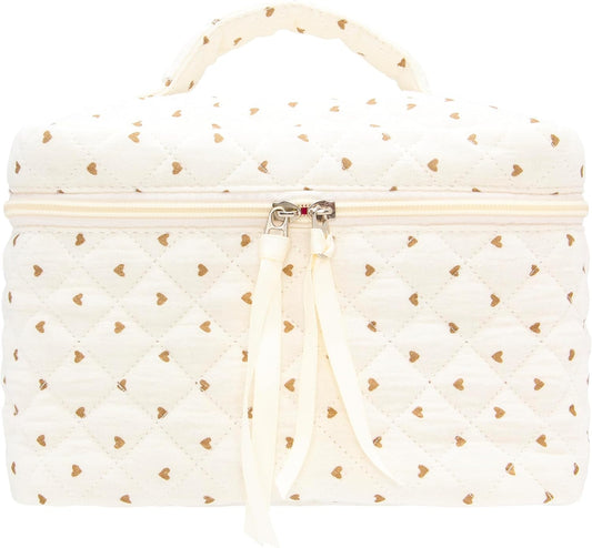 PAZIMIIK Quilted Makeup Bag Large Travel Zipper Soft Cosmetic Case for Women Girls Make Up,Gauze Heart Coffee