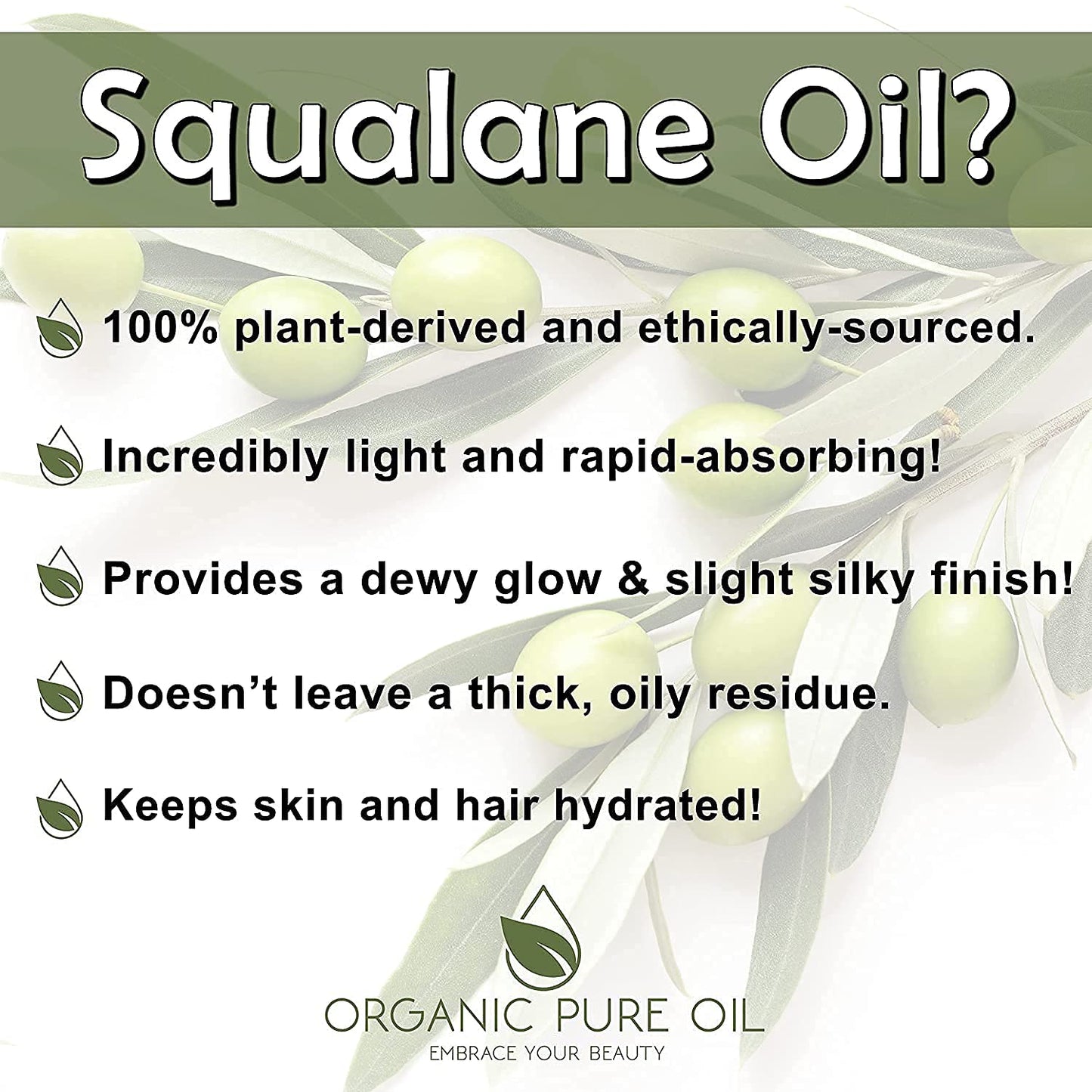 OPO Squalane Oil - Pure, Natural, Plant-Derived, Non GMO, Refined - 16 oz - Squalene Alternative, from Olive - Ultra Hydrating & Moisturizing Carrier Oil - hexane free, cold pressed