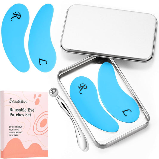 Under Eye Patches Silicone - 2 Pairs Reusable Eye Patches, Eye Wrinkle Patches, Reusable Under Eye Mask, Plump Fine Lines & Wrinkles, with Metal Eye Cream Applicator, Tin Case, Blue