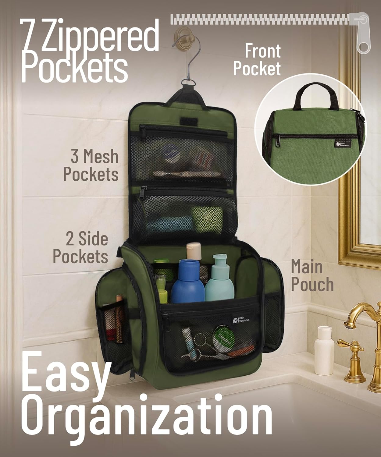 D&D Hanging Travel Toiletry Bag for Men and Women – Large Cosmetics, Makeup and Toiletries Organizer Kit with 10 Compartments, YKK Zippers, XXL Metal Swivel Hook, Water-Resistant Nylon