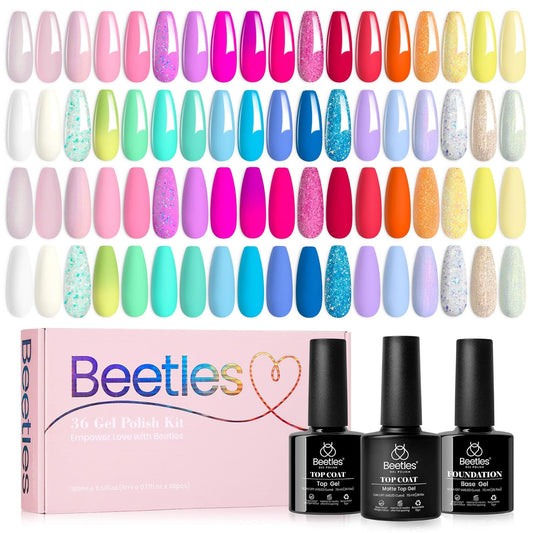 beetles Gel Polish Set - 39Pcs Neon Gel Nail Polish Pink Red Blue Purple Polish All Season Nails with Base Top Coat Soak off Uv LED Lamp Colorful Candies Manicure Kit DIY Home Gifts for Women Girls | alldaygood beauty