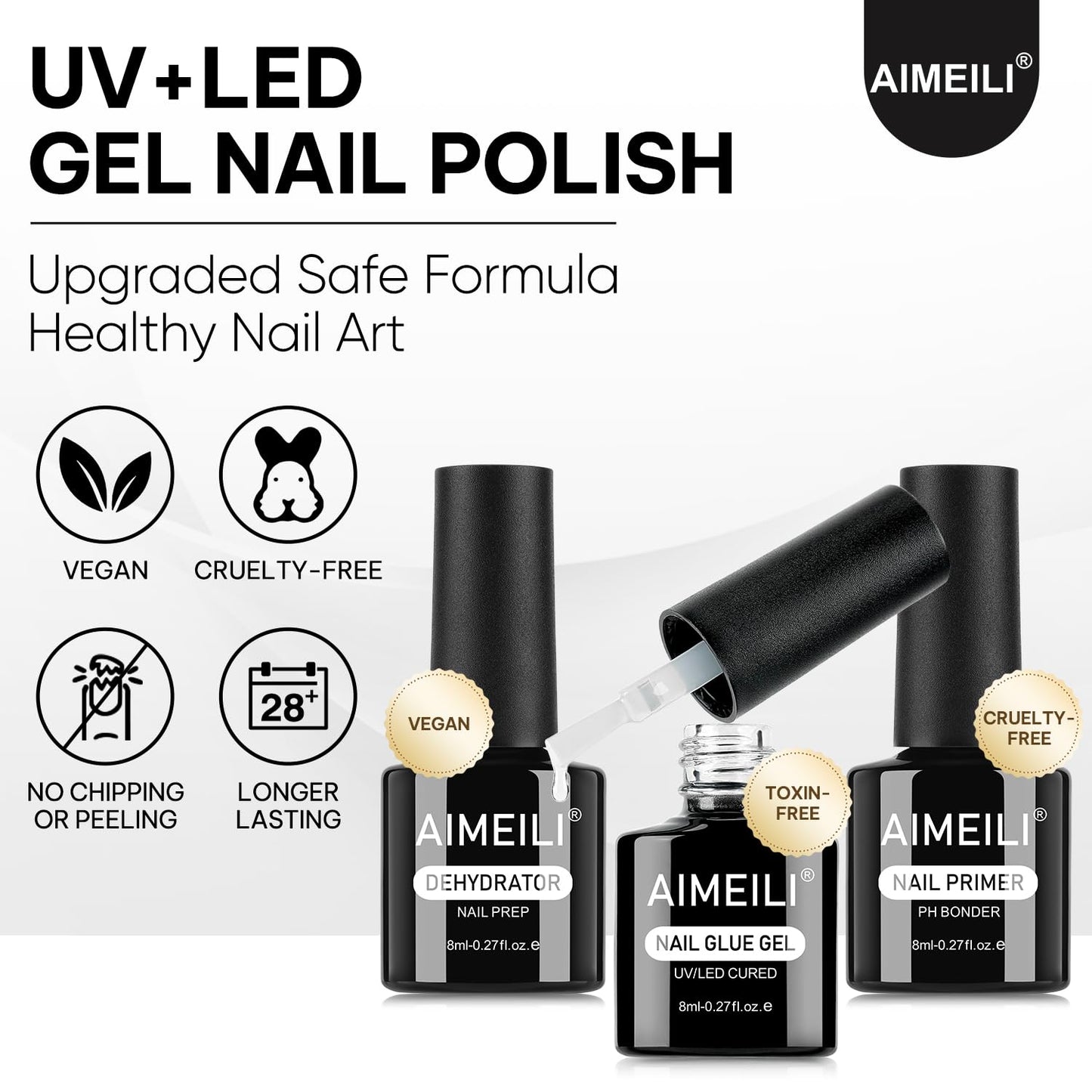 AIMEILI 3Pcs Gel Nail Glue Nail Dehydrator and Primer, Hema Free, Cruelty Free, Vegan, Clear High Gloss Gel Nail Polish Long Lasting Nail Art