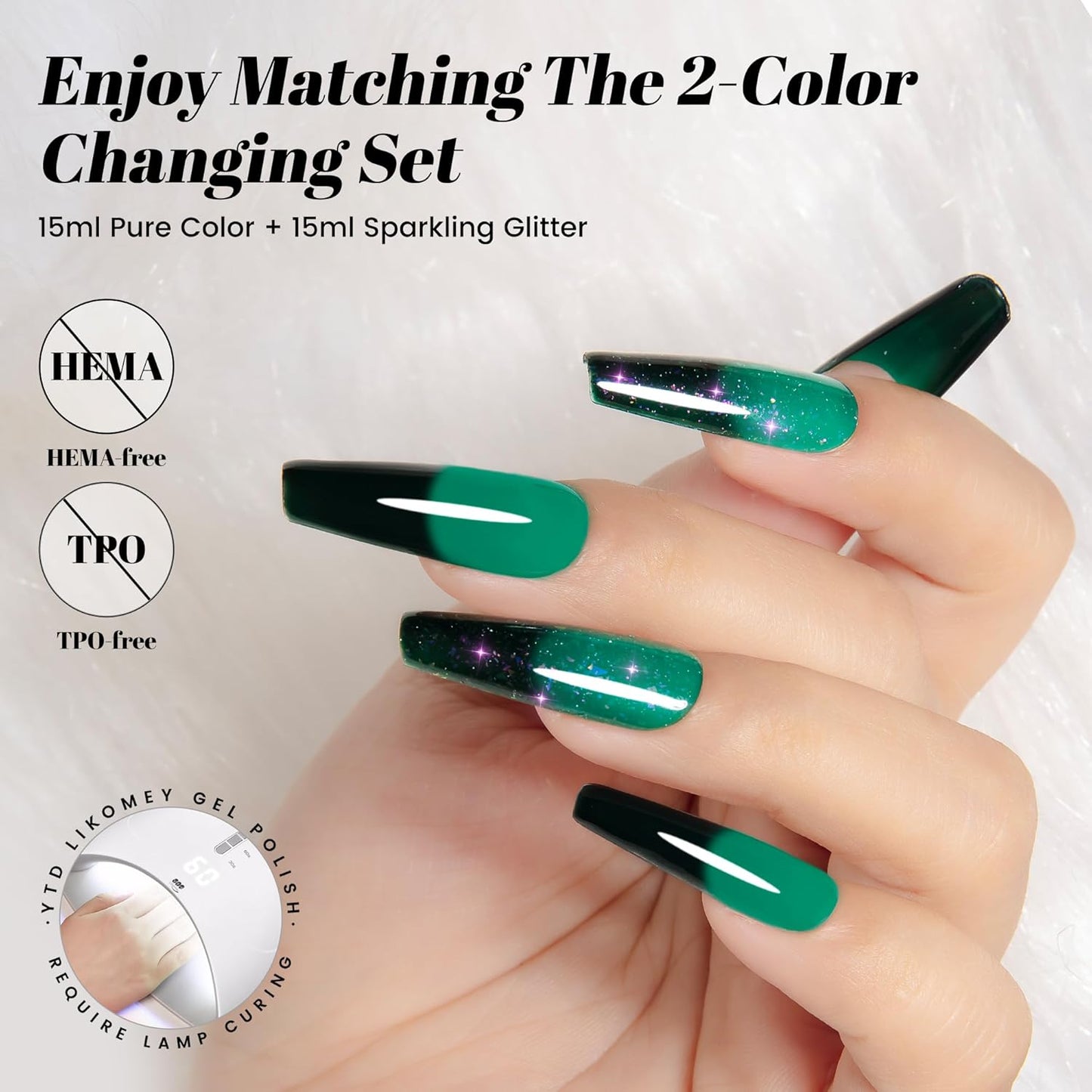 YTD Likomey Color Changing Gel Nail Polish Set,2 Pcs 15ml Bright Green to Dark Green Brocade Glitter and Pure Color Kit,Thermal Ombre Change Colors Salon Manicure Fall Winter UV Nail Varnish,WB2-3