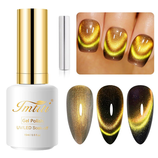 Imtiti Smile Gold Green Color Gel Nail Polish, 0.5fl oz Dopamine Cat Eye Spring Summer UV Nail Polish with Magnetic Stick, 15ML | alldaygood beauty