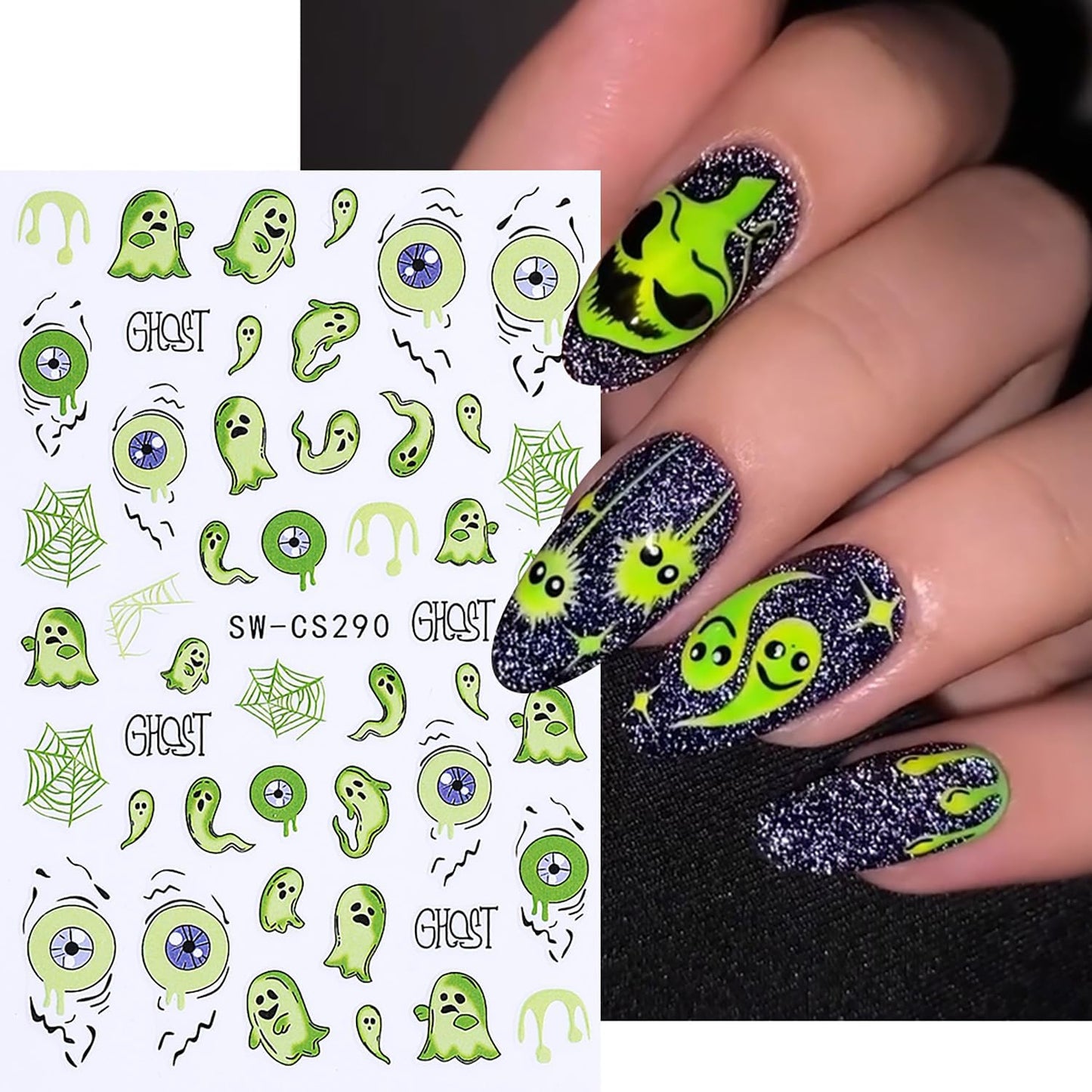 Spooky Halloween Nail Stickers Fall Nail Decals Spider Web Bat Eyes Ghosts Design Holiday Nail Art Supplies Nail Adhesive Sticker Halloween Nail Art Charms Decorations DIY Manicure Accessories 4PCS