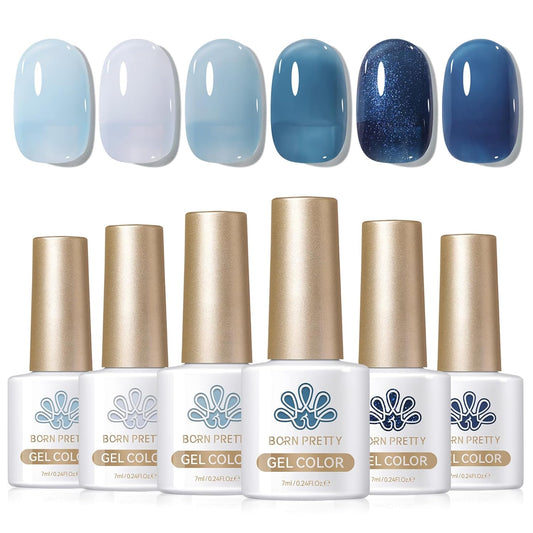 BORN PRETTY Jelly Blue Gel Nail Polish Set 6 Colors Translucent Light Blue Baby Blue Royal Blue Reflective Glitter Blue Nail Gel Kit Soak Off Nail Art Manicure Design Home Salon Holiday Gift | alldaygood beauty