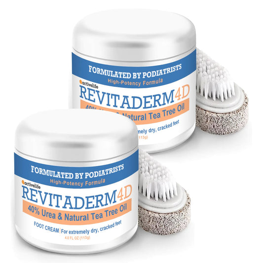 Revitaderm 4D Urea Cream 40% for Feet, Intensive Moisturizing Foot Cream for Dry, Rough, Callused Skin, Includes Free Pumice Stone and Exfoliating Brush, Fast-Absorbing, Fragrance-Free, 4oz, 2 Pack | alldaygood beauty